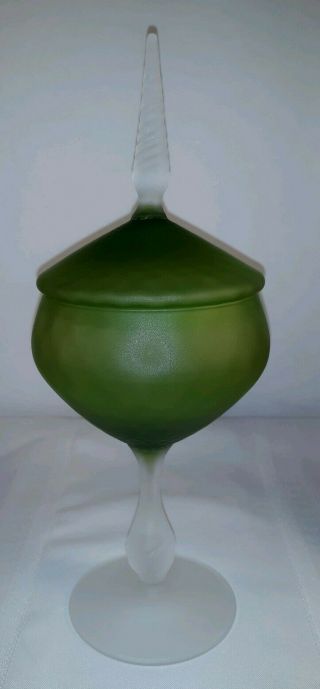 Mid - Century Green Frosted Empoli Candy Dish Apothecary Jar With Lid Art Glass 3