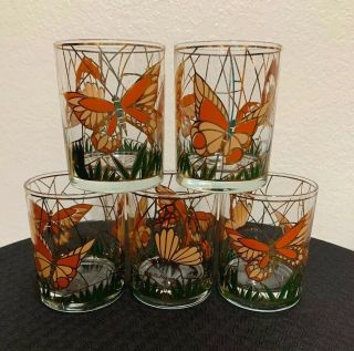 Set 5 Vtg Mid Century Culver Cocktail Rock Glasses With Butterfly & 22kgold Trim