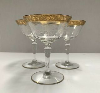 3 Antique Tiffin Franciscan Gold Rimmed Rambler Rose Champagne Sherbet Glasses