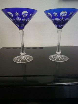 Ajka Crystal Cut To Clear Martini Cocktail Glasses Cobalt Blue Pair