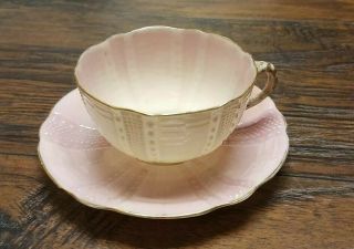 Antique Porcelain Demitasse Teacup & Saucer Belleek O&b Ott & Brewer Pink Vtg
