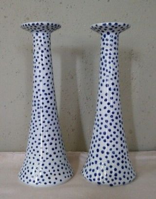 Vtg Este Ceramiche For Tiffany Ceramic Candlesticks Blue Polka Dot Italy