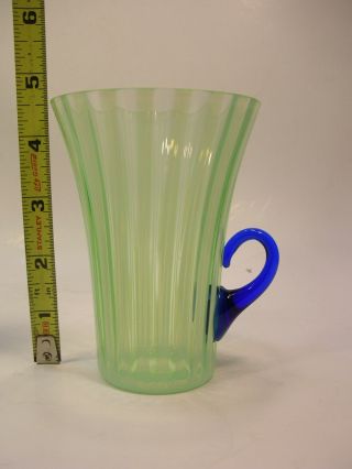 Rare 1920s Fenton Green Rib Optic Opalescent Cup 4 1/2 " W/ Cobalt Handle