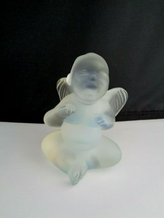 Lalique France Signed Figurine Paperweight Opalescent Crystal Singing Cherub