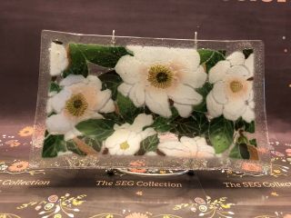 Peggy Karr,  Rectangular Fused Glass Dish/tray With White Flower,  Signed