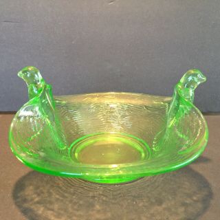 Vaseline Green Uranium Glass 7.  5” Candy Dish Serving Bowl Flying Bird Handle Vtg
