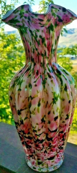 Fenton Vasa Murrhina - Rose Aventurine Green 11¼ " Melon Rib Vase 1960 