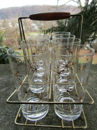 8 x Vintage Mid Century Drinking Glasses with Carrier - Starburst - Sputnik 5.  5 