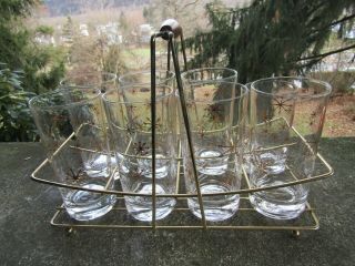 8 x Vintage Mid Century Drinking Glasses with Carrier - Starburst - Sputnik 5.  5 