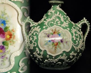 Antique Nippon Noritake Japan Hand Painted Rose Floral Jade Green Moriage Vase