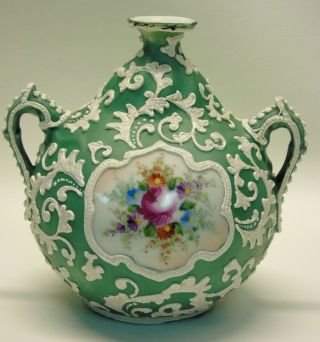 Antique Nippon Noritake Japan Hand Painted Rose Floral Jade Green Moriage Vase 3