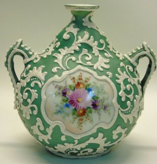 Antique Nippon Noritake Japan Hand Painted Rose Floral Jade Green Moriage Vase 5