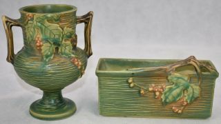 Vintage Roseville Pottery Bushberry Green Vase 156 - 6 And Window Box 383 - 6