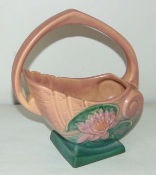 Vintage Roseville Pottery Water Lily Basket Pink 381 - 10