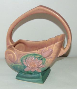 Vintage ROSEVILLE Pottery WATER LILY Basket PINK 381 - 10 2