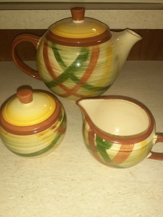 Vintage Vernonware Homespun Teapot With Cream And Sugar Containers