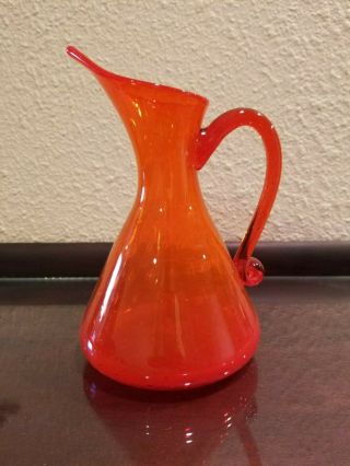 Rare Vtg Mid Century Art Glass Pitcher Vase Orange W/ Handle