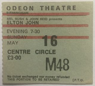 Elton John Concert Ticket Odeon Theatre Birmingham 1976