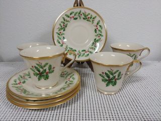 (4) Lenox Holiday Dimension Holly Cups And Saucers