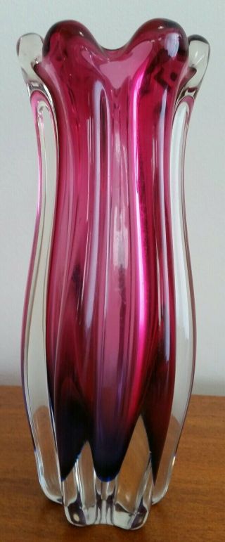 Vintage Cranberry Coloured Murano Sommerso Glass Vase Retro Italy Mid Century