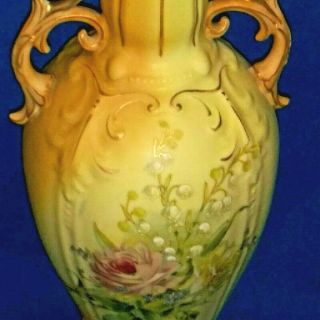 Antique Robert Hanke Royal Wettina Double Handled Floral Rose Vase Austrian 6
