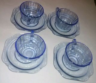 8 Piece Set Vintage Depression Glass Tea Cups & Saucers Blue Madrid Pattern Look