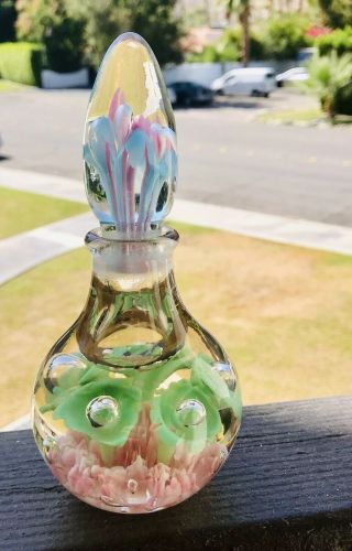 Vtg Joe St.  Clair? Multicolor Pastels Floral Motif Art Glass Perfume Bottle 7”