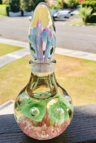 Vtg Joe St.  Clair? Multicolor Pastels Floral Motif Art Glass Perfume Bottle 7” 2