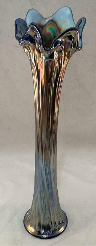 Vtg Blue Iridescent Carnival Glass Vase 15 " Tall Has Ribs & Scalloped Edge