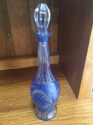 Bohemian? Blue Flashed Cut To Clear Decanter Deer Castle Trees