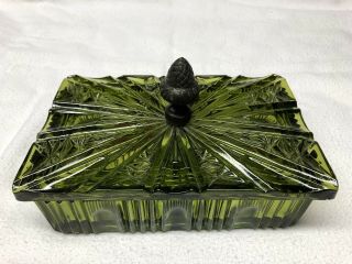 Vintage Hunter Green Divided Glass Dish With Lid And Metal Acorn Handle