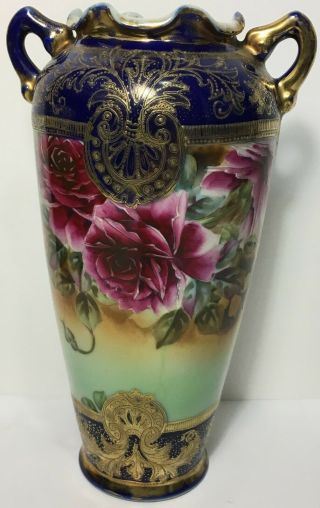 Vintage Nippon Hand Painted Vase Cobalt Blue Deep Pink Roses Gold Moriage Bead