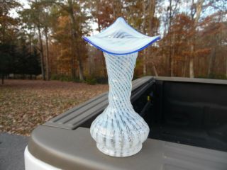 Gorgeous Vintage Fenton Blue Ridge Jip Vase / Blue / White Opalescent