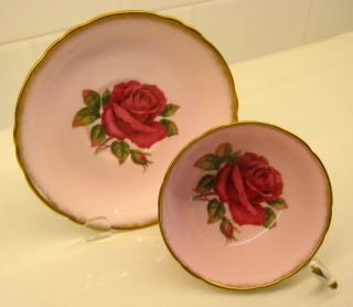 Paragon Red Cabbage Rose Pink Wide Mouth Cup & Saucer Signed R.  Johnson -