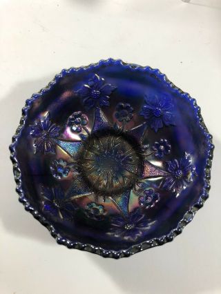 Vintage Fenton Carnival Glass Cobalt Blue Little Flowers Bowl 5 " D