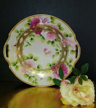 Antique Nippon Plate Hand Painted Pink Roses Gold Moriage Pierced Double Handle