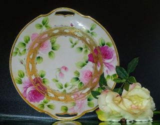 Antique Nippon Plate Hand Painted Pink Roses Gold Moriage Pierced Double Handle 2