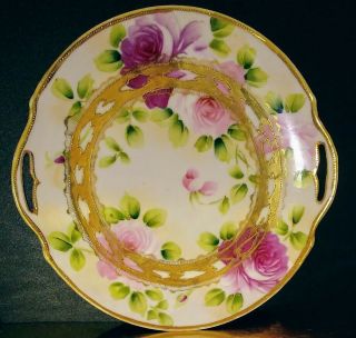 Antique Nippon Plate Hand Painted Pink Roses Gold Moriage Pierced Double Handle 3