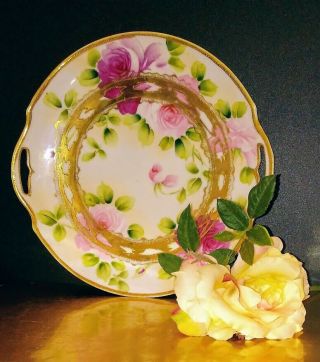 Antique Nippon Plate Hand Painted Pink Roses Gold Moriage Pierced Double Handle 4