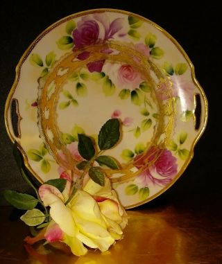 Antique Nippon Plate Hand Painted Pink Roses Gold Moriage Pierced Double Handle 5