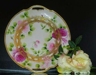 Antique Nippon Plate Hand Painted Pink Roses Gold Moriage Pierced Double Handle 6