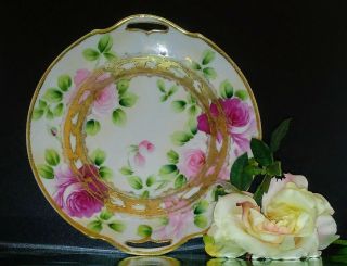 Antique Nippon Plate Hand Painted Pink Roses Gold Moriage Pierced Double Handle 7