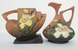 Vintage Roseville Pottery Brown Magnolia Ewer 13 - 6 " And Cornucopia 182 - 5 "