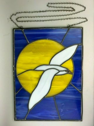 Vintage Seagull Bird Sun Stained Glass Window Panel 12 " X 16 " Nautical Beach