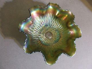 Vintage Northwood Green Sunflower Carnival Glass Footed Ruffled Edge Bowl 8.  5 "