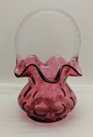 Fenton Country Cranberry Glass Dot Optic Basket Ruffled Edge Clear Handle 8 "