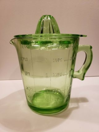 Rare Vintage Green Depression Glass Juicer With 1 Qt Measuring Cup