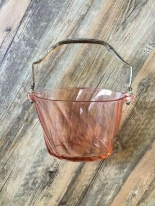 Pink Depression Glass Heisey Twist Flamingo Ice Bucket Silver Handle