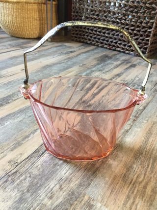Pink Depression Glass Heisey TWIST Flamingo Ice Bucket Silver Handle 2