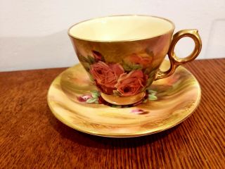 Rare Royal Winton Hand Painted Roses Gold Cup And Saucer Artist Signed